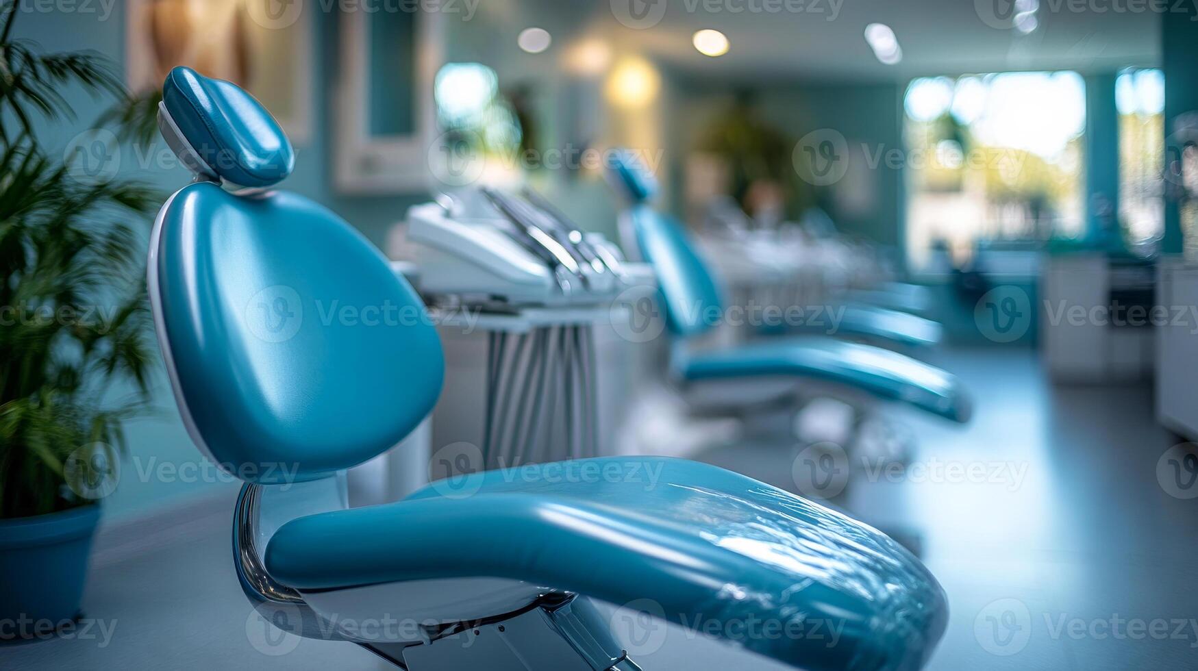 A blue chair is in a room with other chairs and a potted plant. The room appears to be a dental office photo