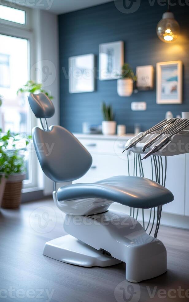 A dental office with a blue wall and a white chair. There are several potted plants in the room, including one on the left side of the chair photo