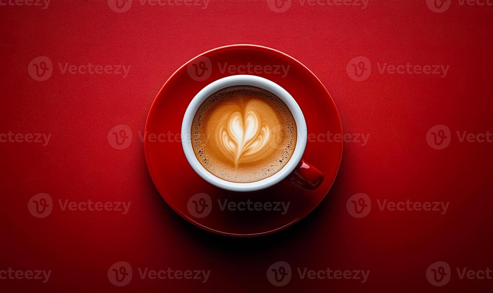A red coffee cup with a heart on it sits on a red background photo