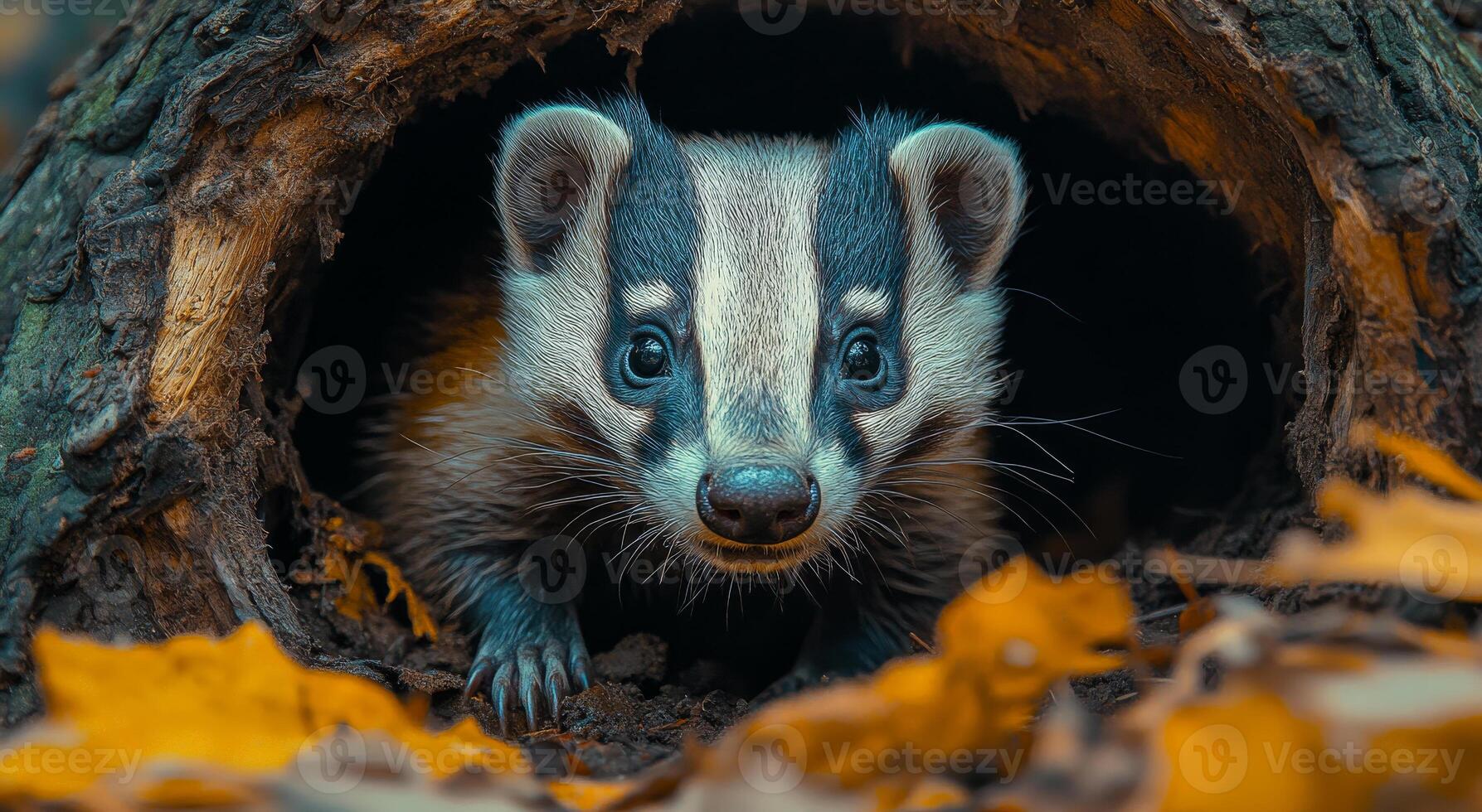 A small animal badger with a black and white face is peeking out of a hole in the ground photo