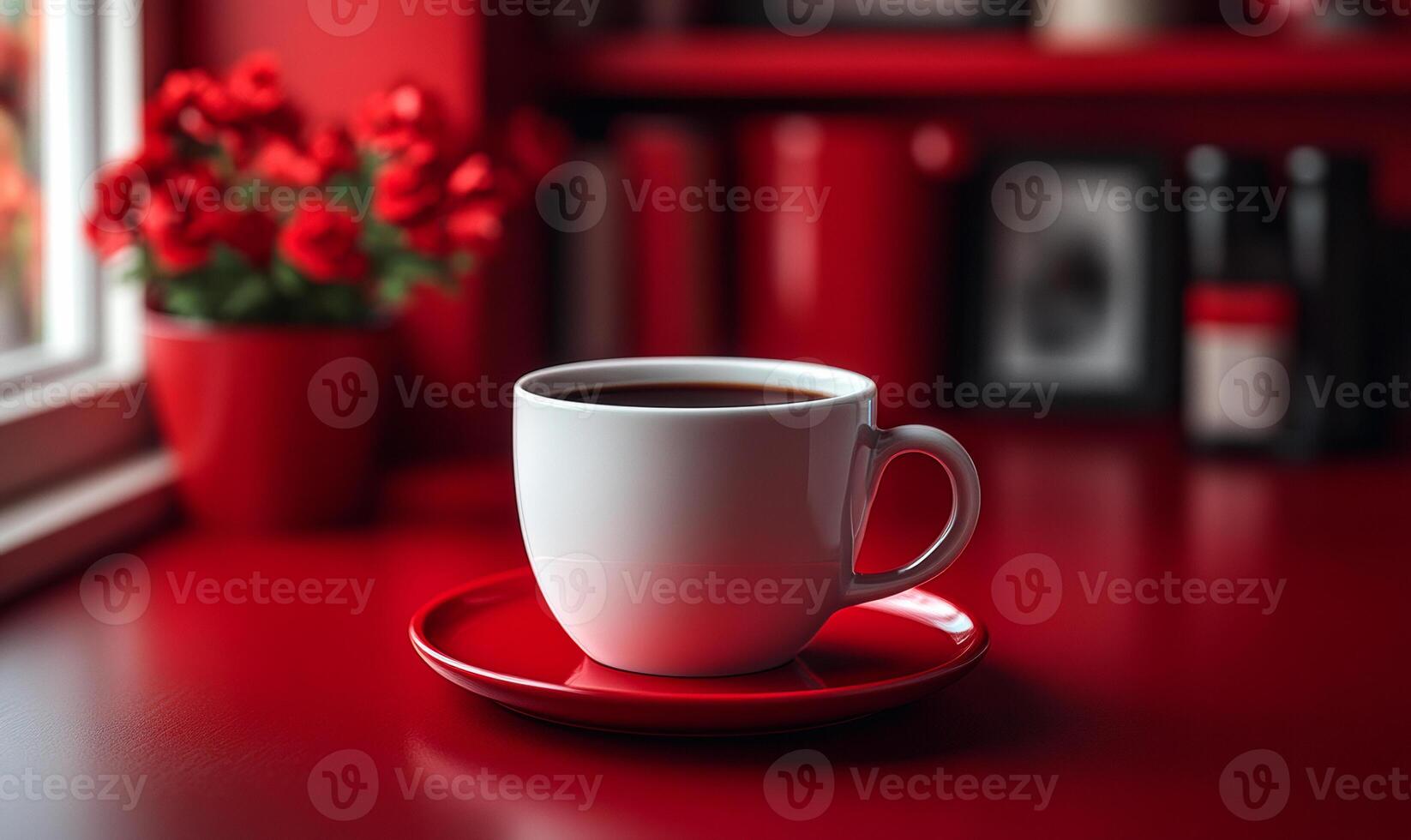 A white coffee cup with a red saucer sits on a red table. The cup is filled with dark coffee, and the red tablecloth and red flowers in the background create a warm and inviting atmosphere photo