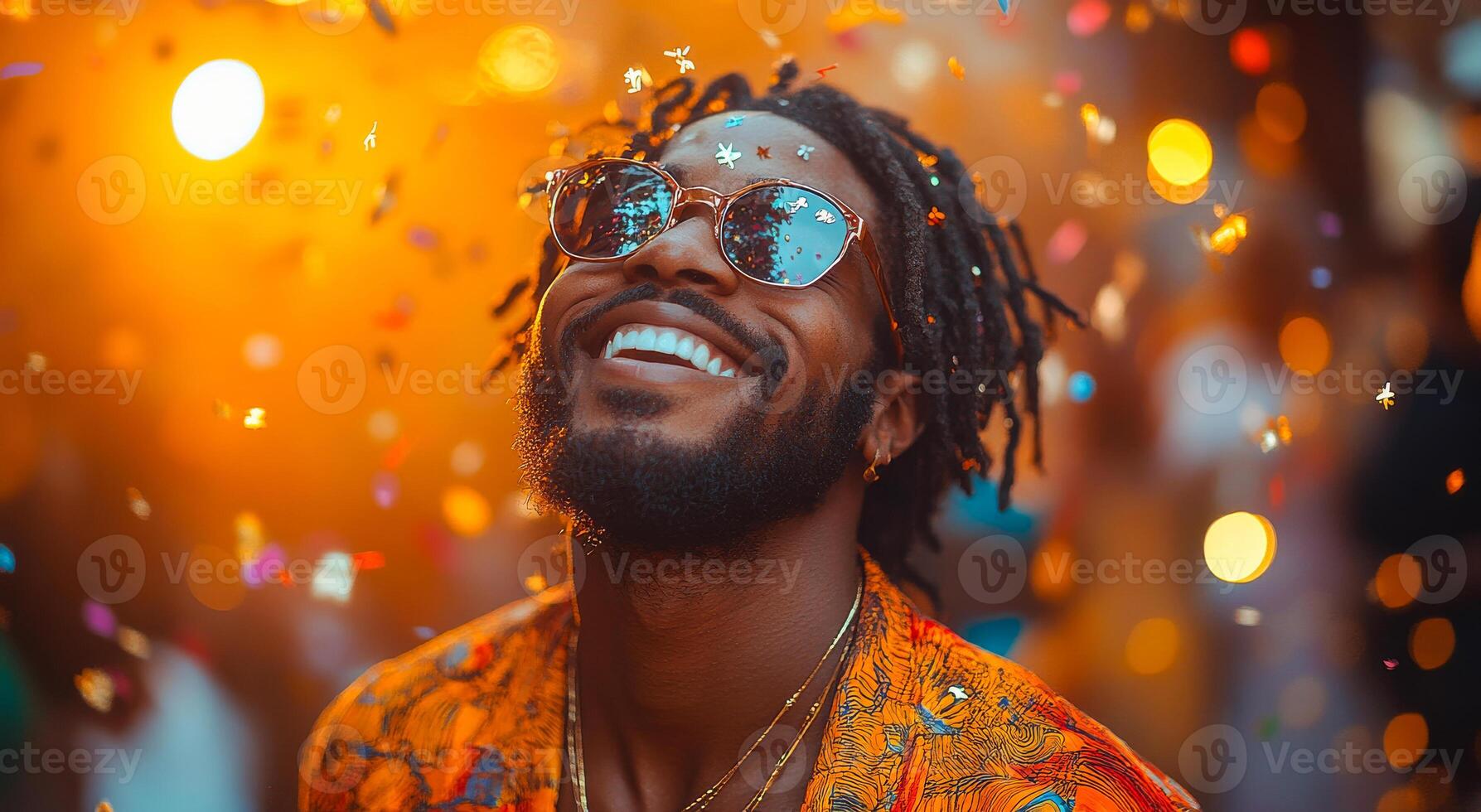 A man with a beard and dreadlocks is smiling and wearing sunglasses. He is surrounded by confetti photo