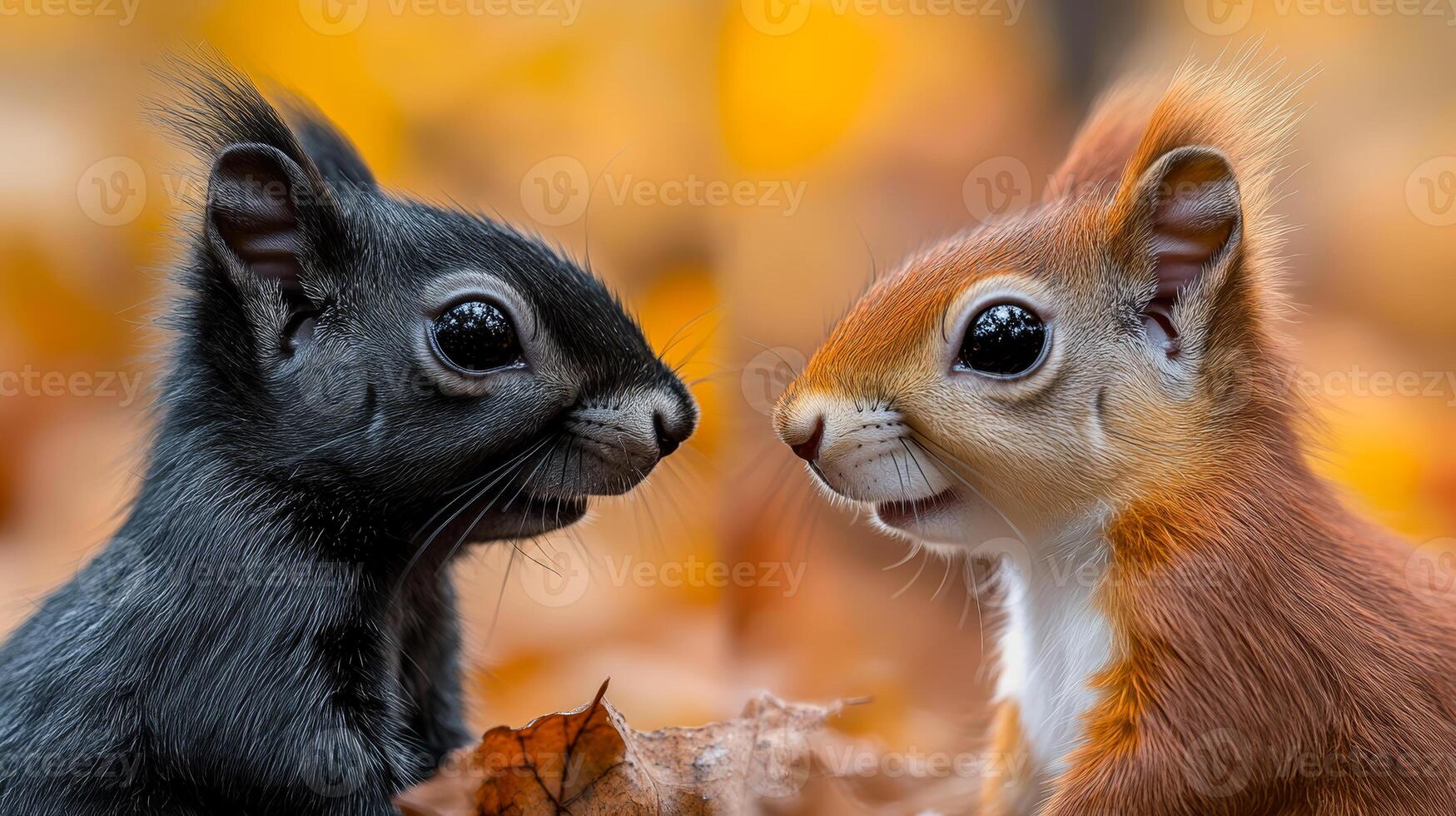 Two squirrels are standing next to each other, one black and one brown photo