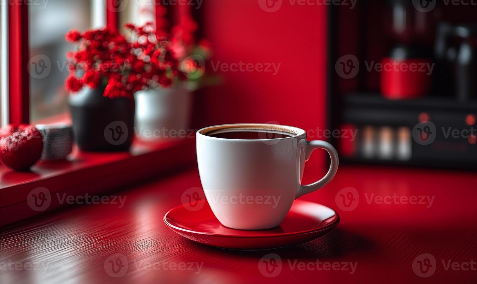 A white coffee cup with a red saucer sits on a table in front of a window. The scene is cozy and inviting, with the coffee cup photo