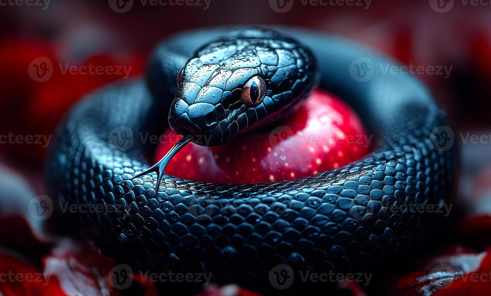 A black snake is curled around a red apple photo