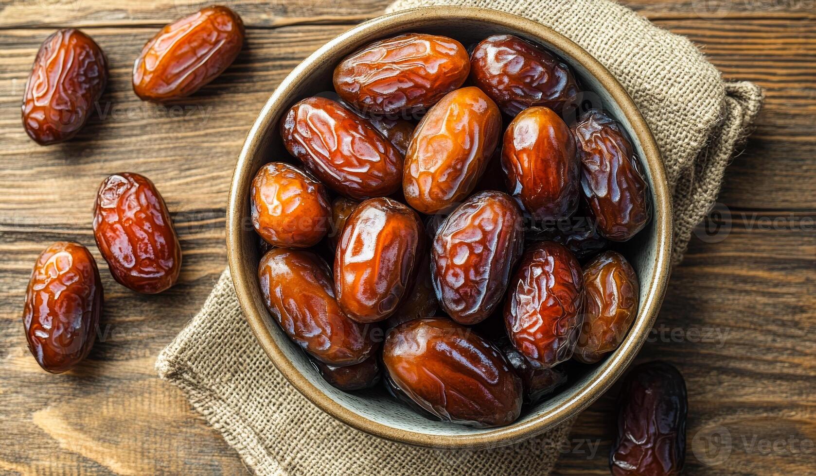 A bowl of dried fruit, including raisins and dates, sits on a wooden table. The bowl is filled with a variety of dried fruit, including some that are still in their shells photo