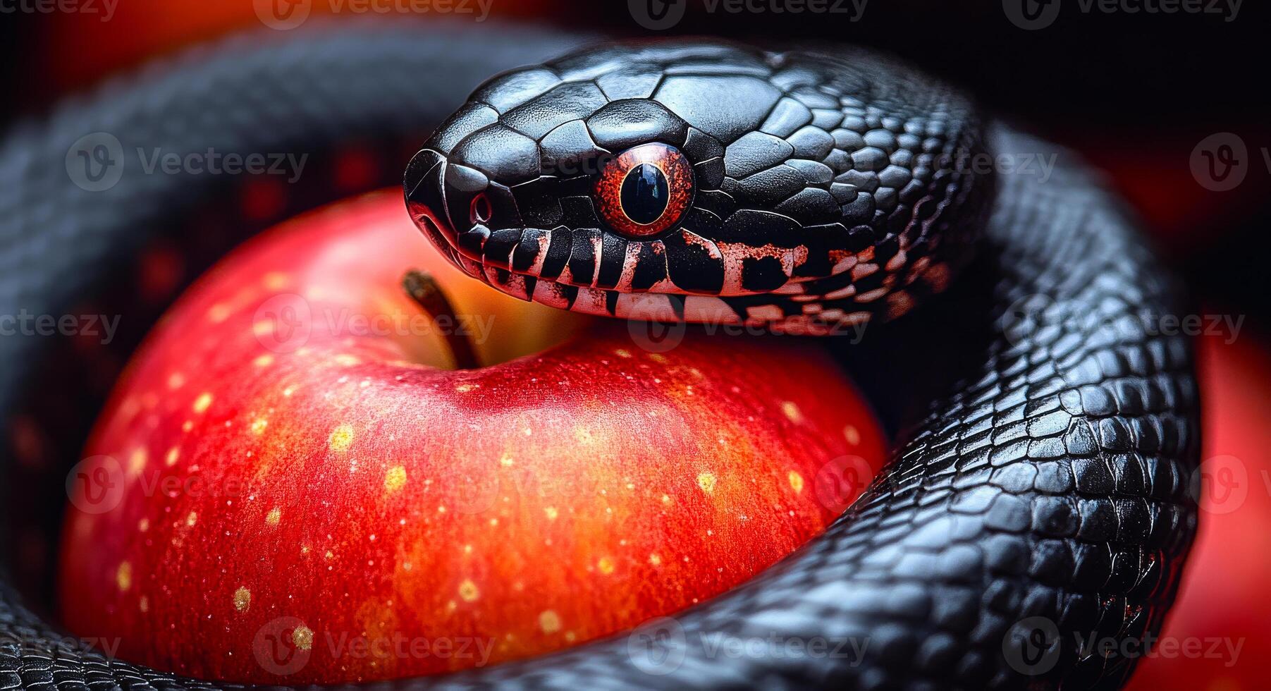 A black snake is curled around a red apple photo