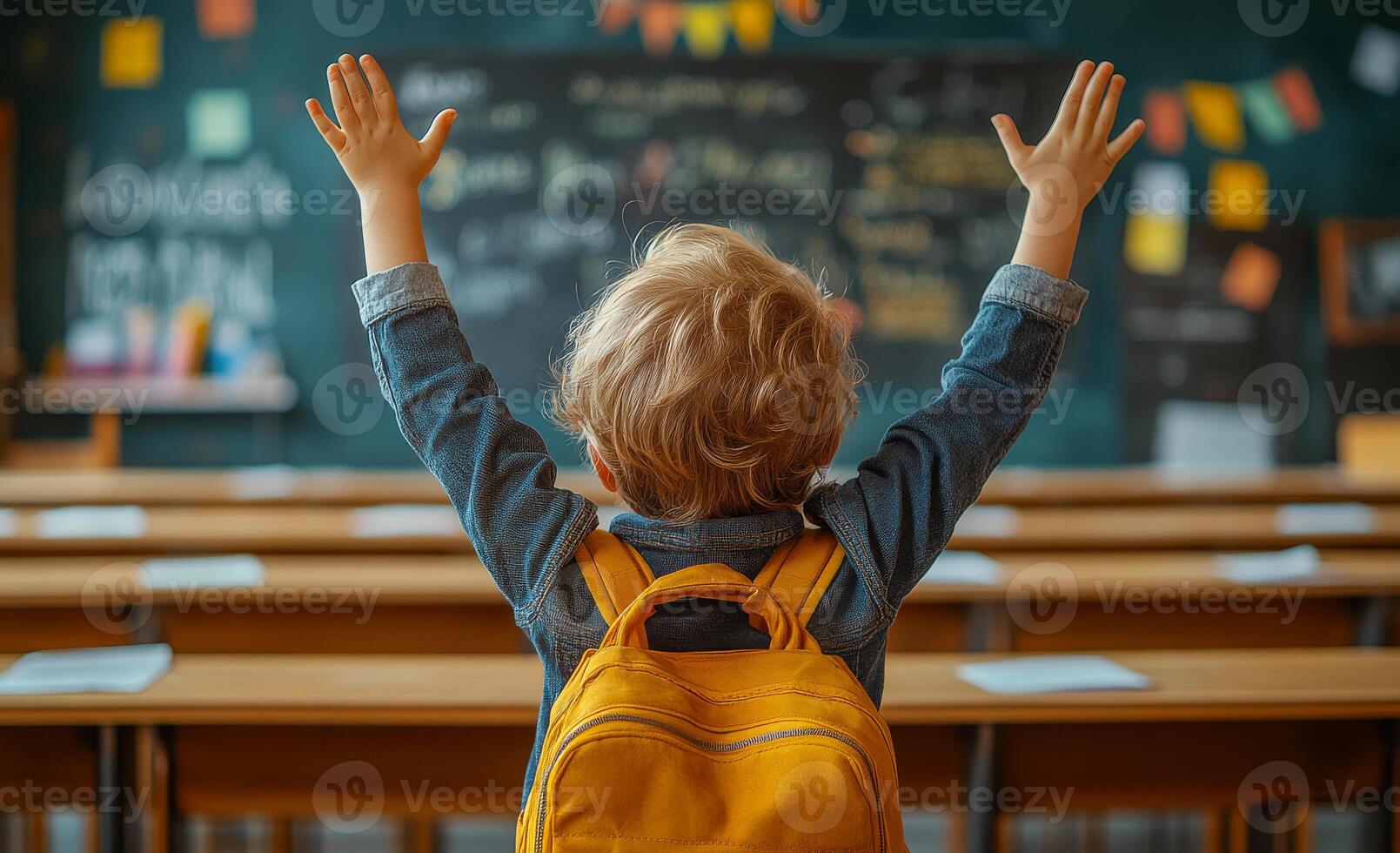 A young child is in a classroom with a yellow backpack on. The child is holding his hands up in the air, possibly in celebration or excitement. The classroom is filled with desks and chairs photo
