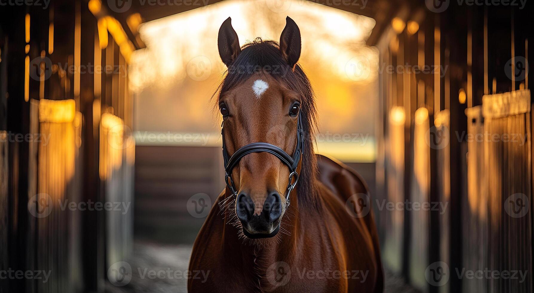 A brown horse is standing in a barn with a black bridle on its head. The horse is looking directly at the camera photo