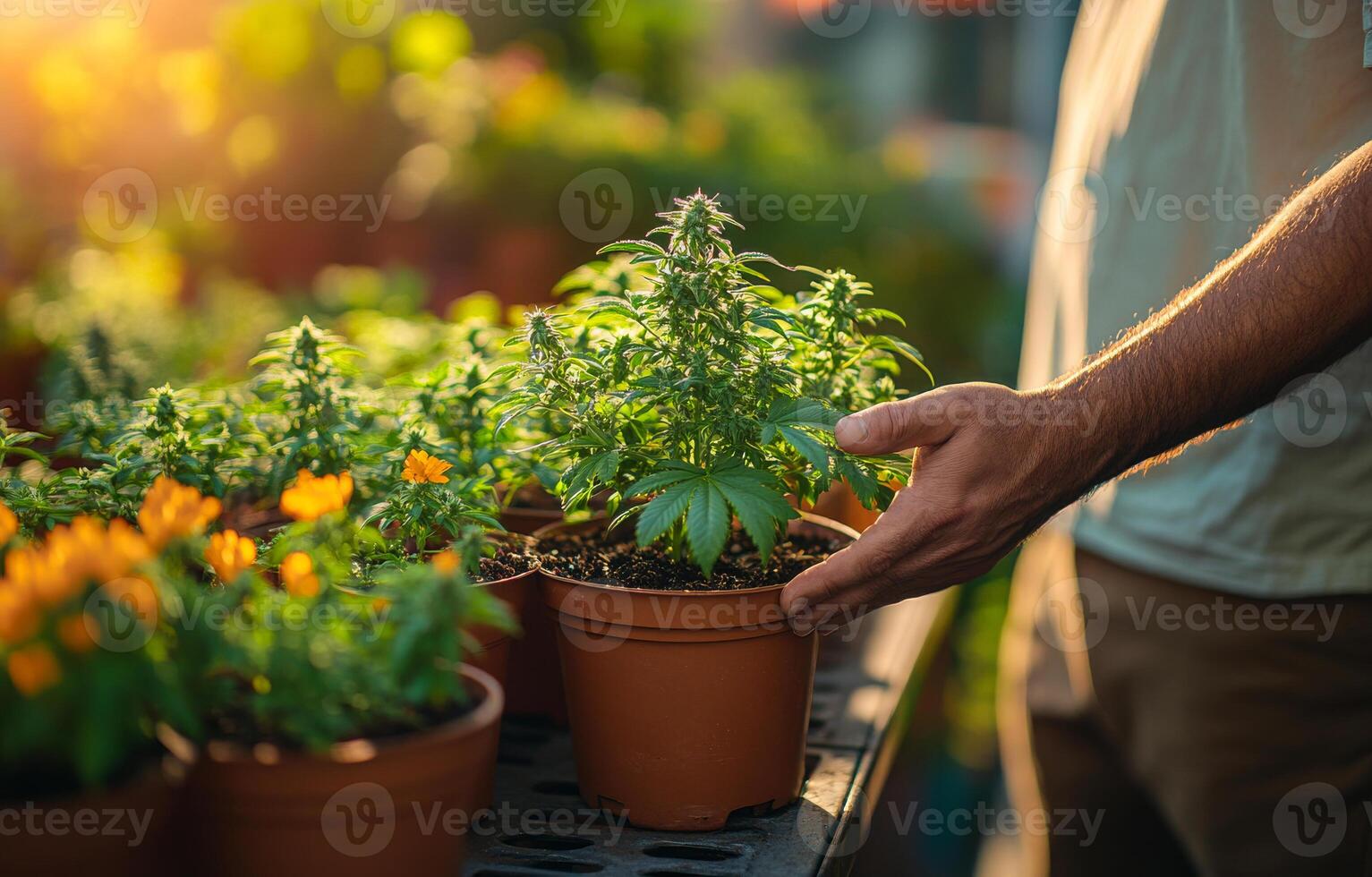 A man is holding a plant in a pot. The man is standing in front of a row of potted plants photo