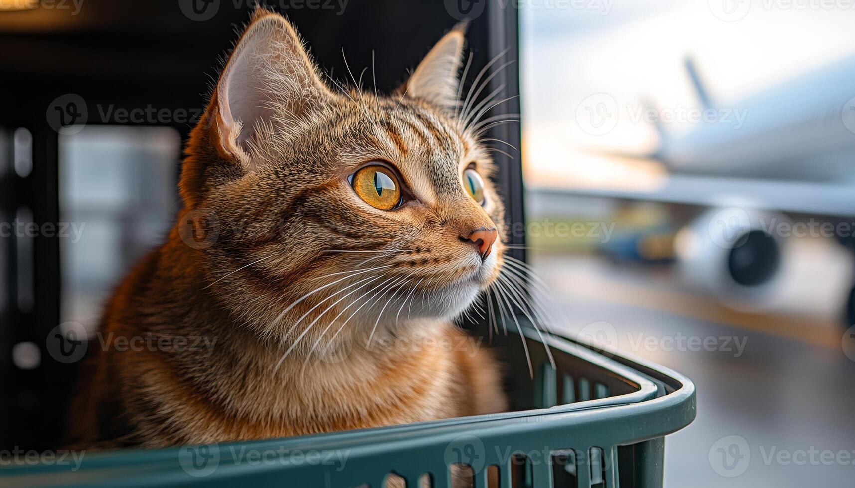 A cat is sitting in a basket on the ground. The cat is looking at the camera with a curious expression photo