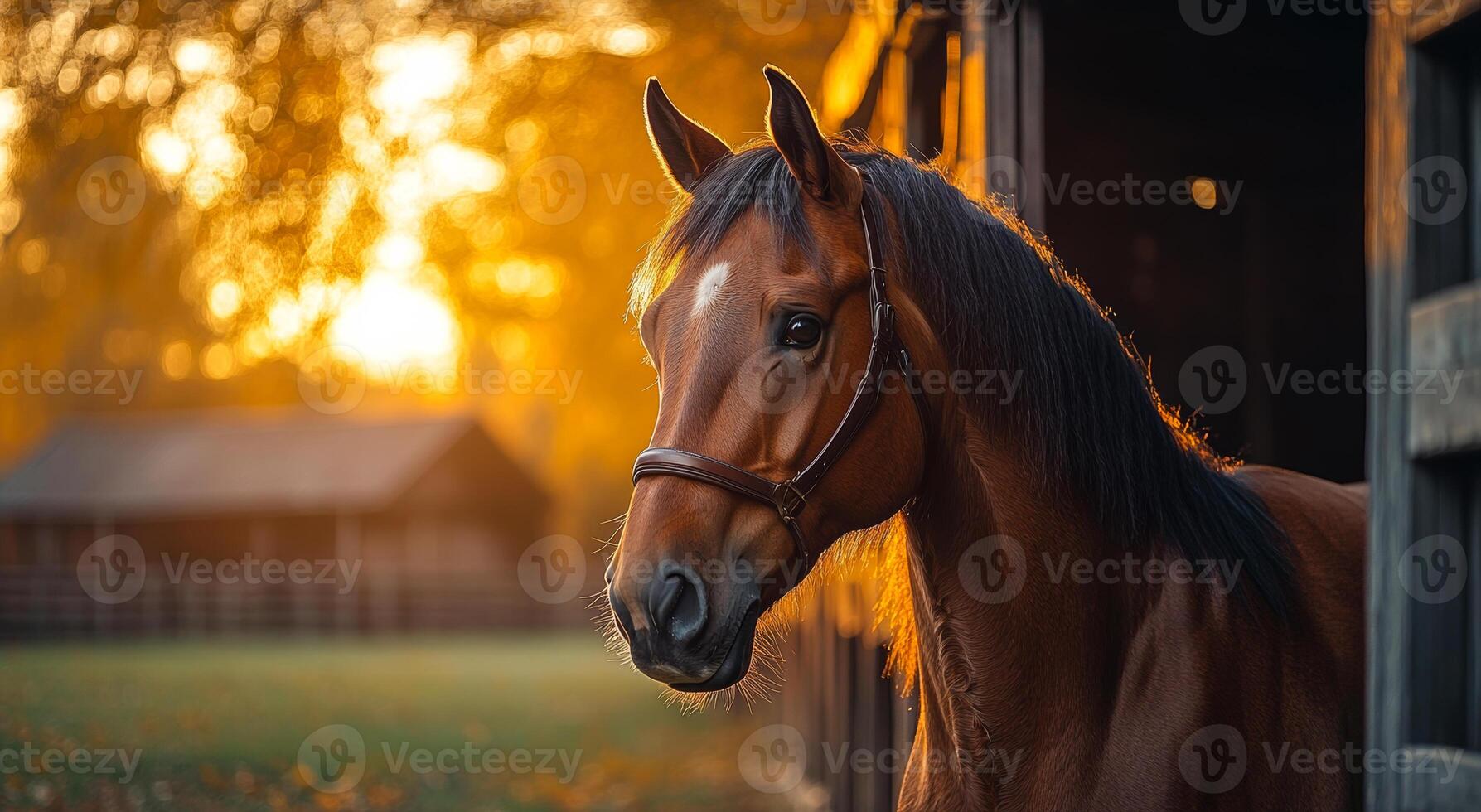 A brown horse is standing in a barn with a sun shining on it. The horse is looking at the camera with a curious expression. The barn is surrounded by trees, and the sun is setting in the background photo