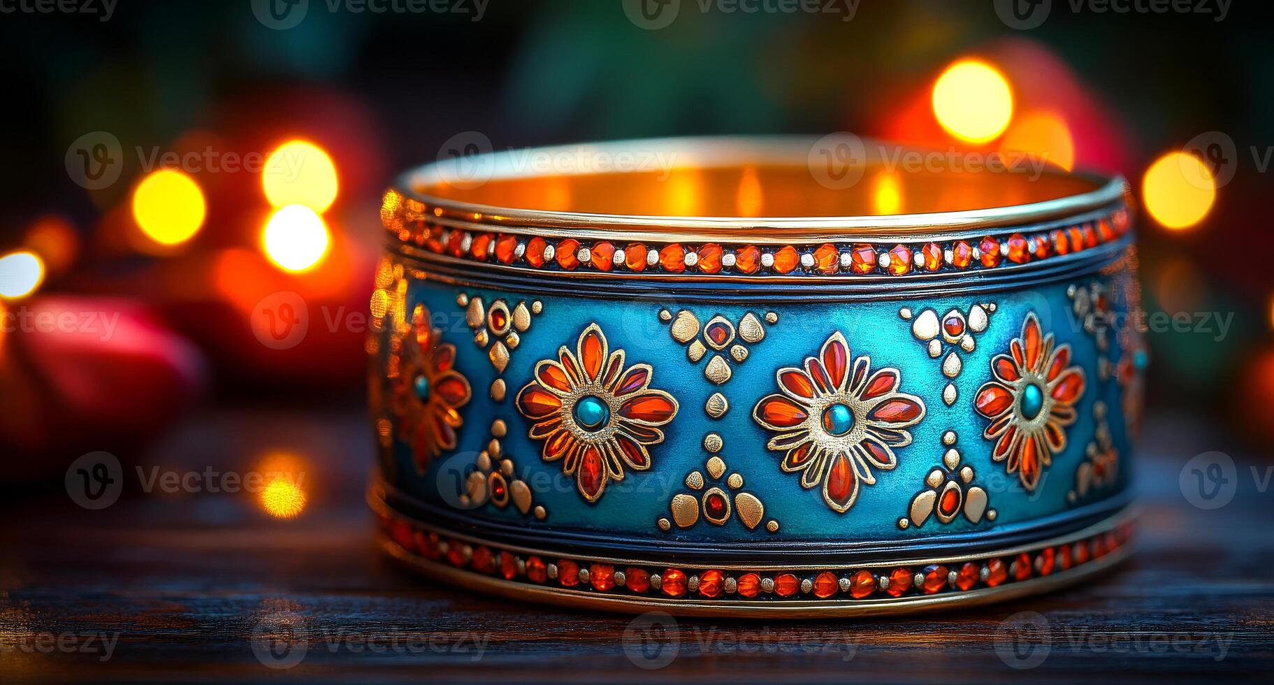 A blue and orange bracelet with a flower design. The bracelet is sitting on a wooden table. The table is surrounded by red and orange decorations, giving the scene a festive and warm atmosphere photo