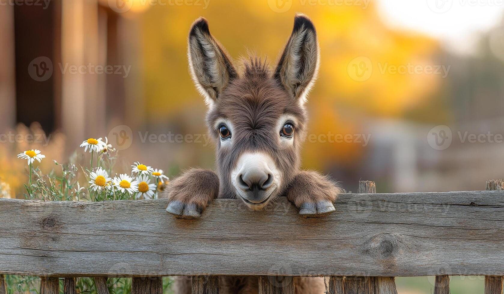 A baby donkey is standing in front of a wooden fence. The fence is wooden and has a rustic appearance. The donkey is looking at the camera and he is curious. The scene is peaceful and calm photo