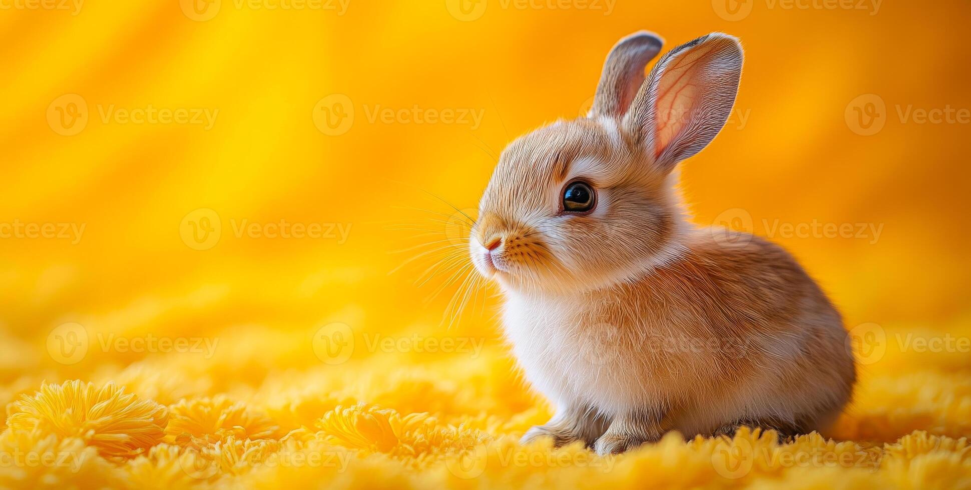 A small brown rabbit is sitting on a yellow surface. The rabbit is looking at the camera with a curious expression. The scene is peaceful and calm, with the rabbit being the main focus of the image photo