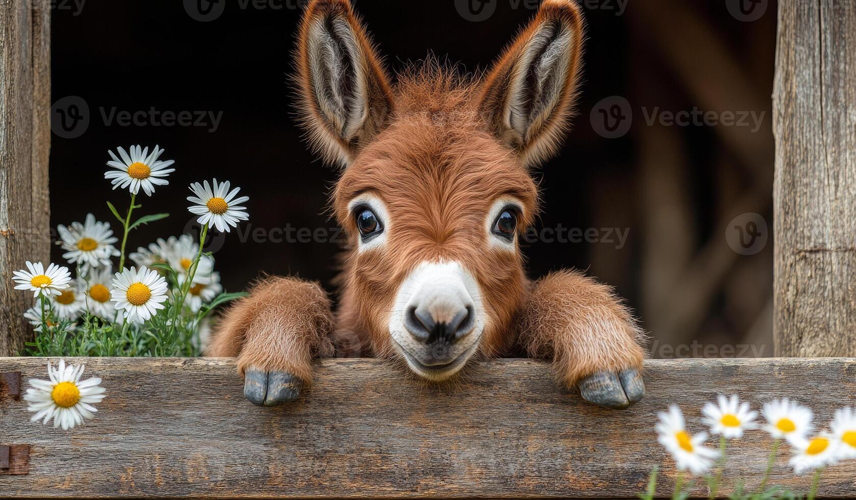 A baby donkey is looking at the camera with its head sticking out of a wooden fence. The fence is surrounded by a bunch of daisies photo