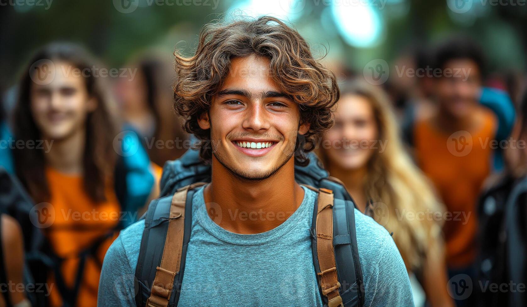 A young man with a backpack and a smile on his face. He is surrounded by other people, some of whom are also smiling. Concept of camaraderie and happiness among the group photo