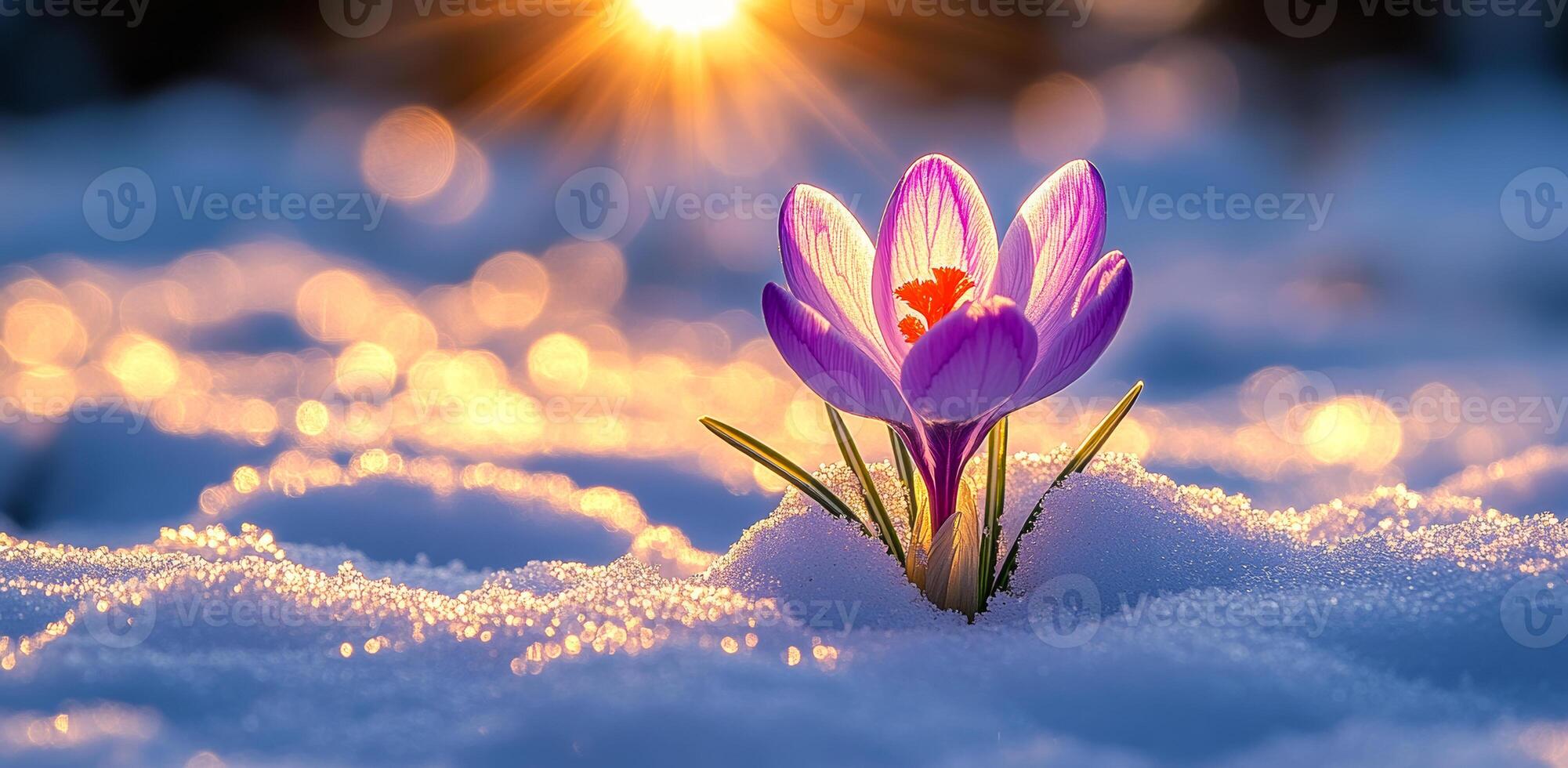 A small purple flower is growing in the snow. The flower is surrounded by a white blanket of snow, and the sun is shining brightly on it. Concept of hope and resilience photo