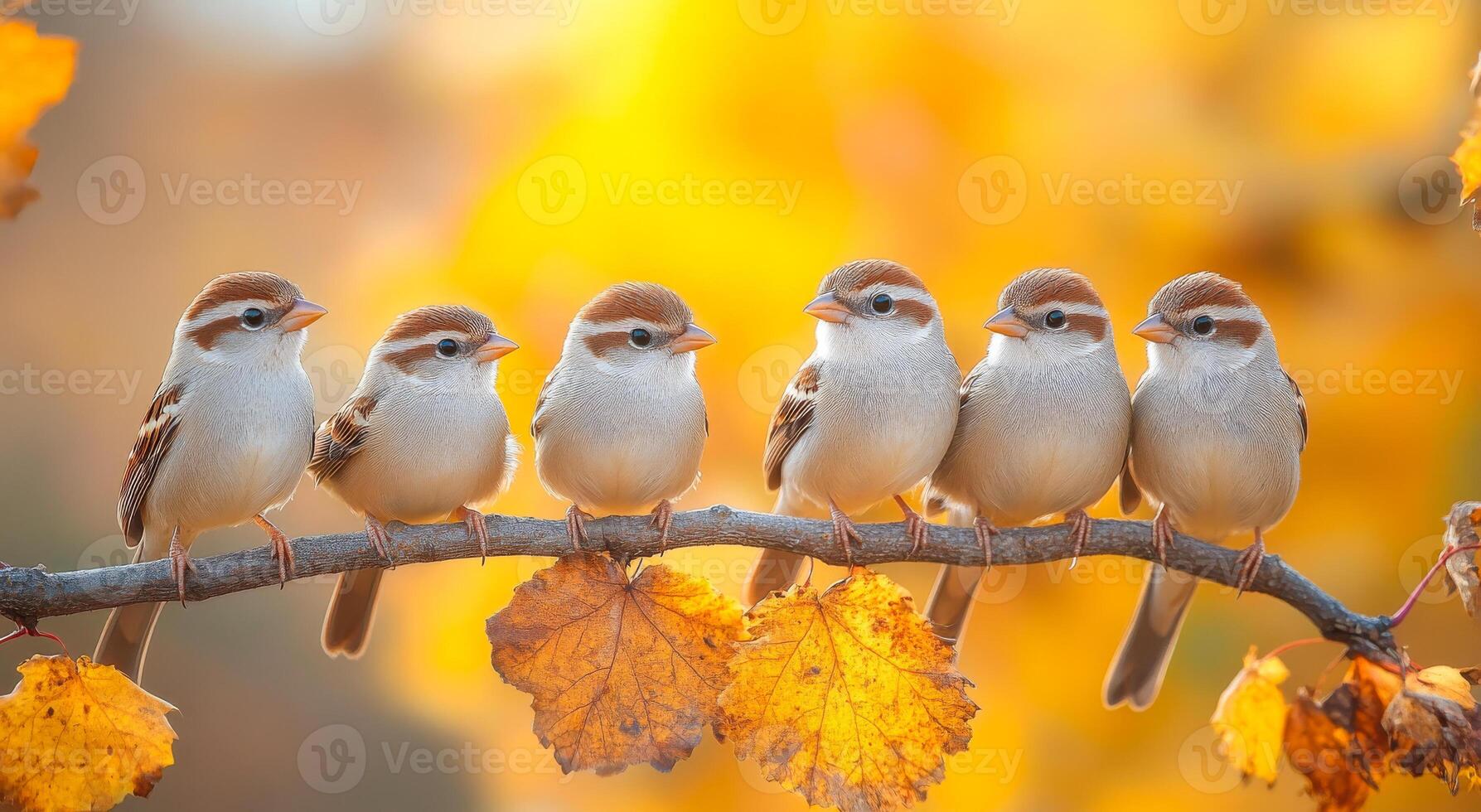 A group of small birds are perched on a branch with leaves. The birds are all different colors and sizes, but they all seem to be enjoying their time together. The scene is peaceful and serene photo