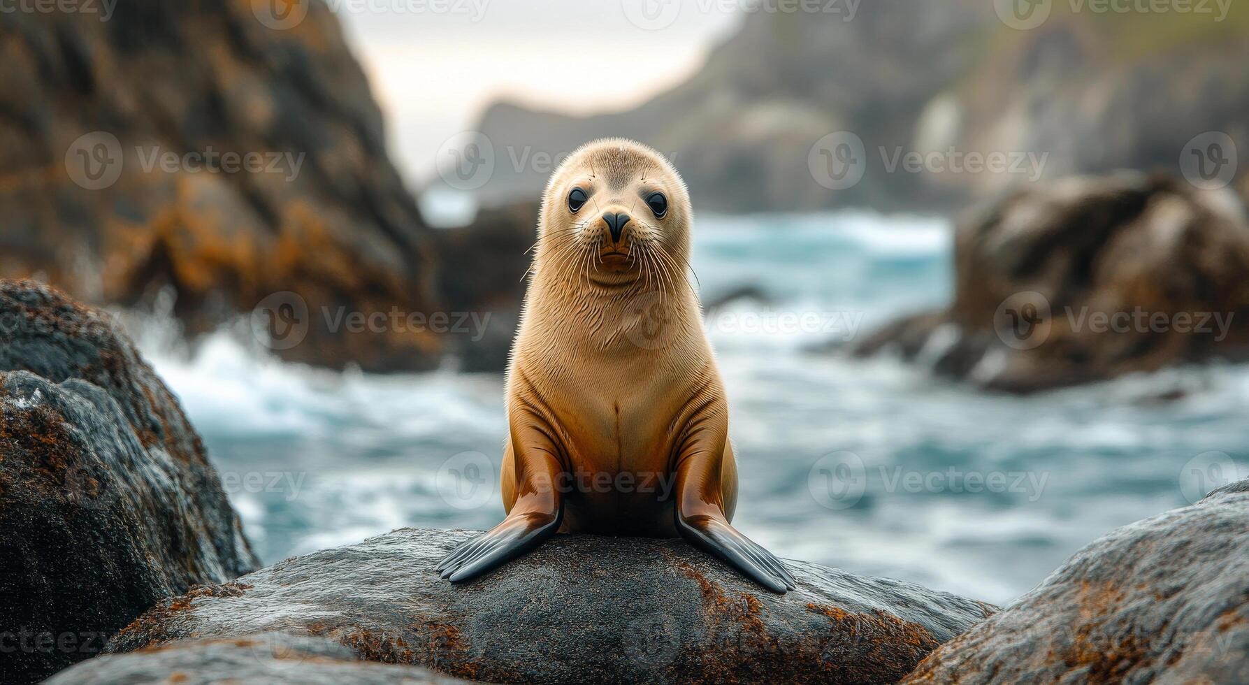 A baby seal is sitting on a rock near the ocean. The seal is looking at the camera and he is curious. The scene is peaceful and serene, with the sound of waves crashing in the background photo