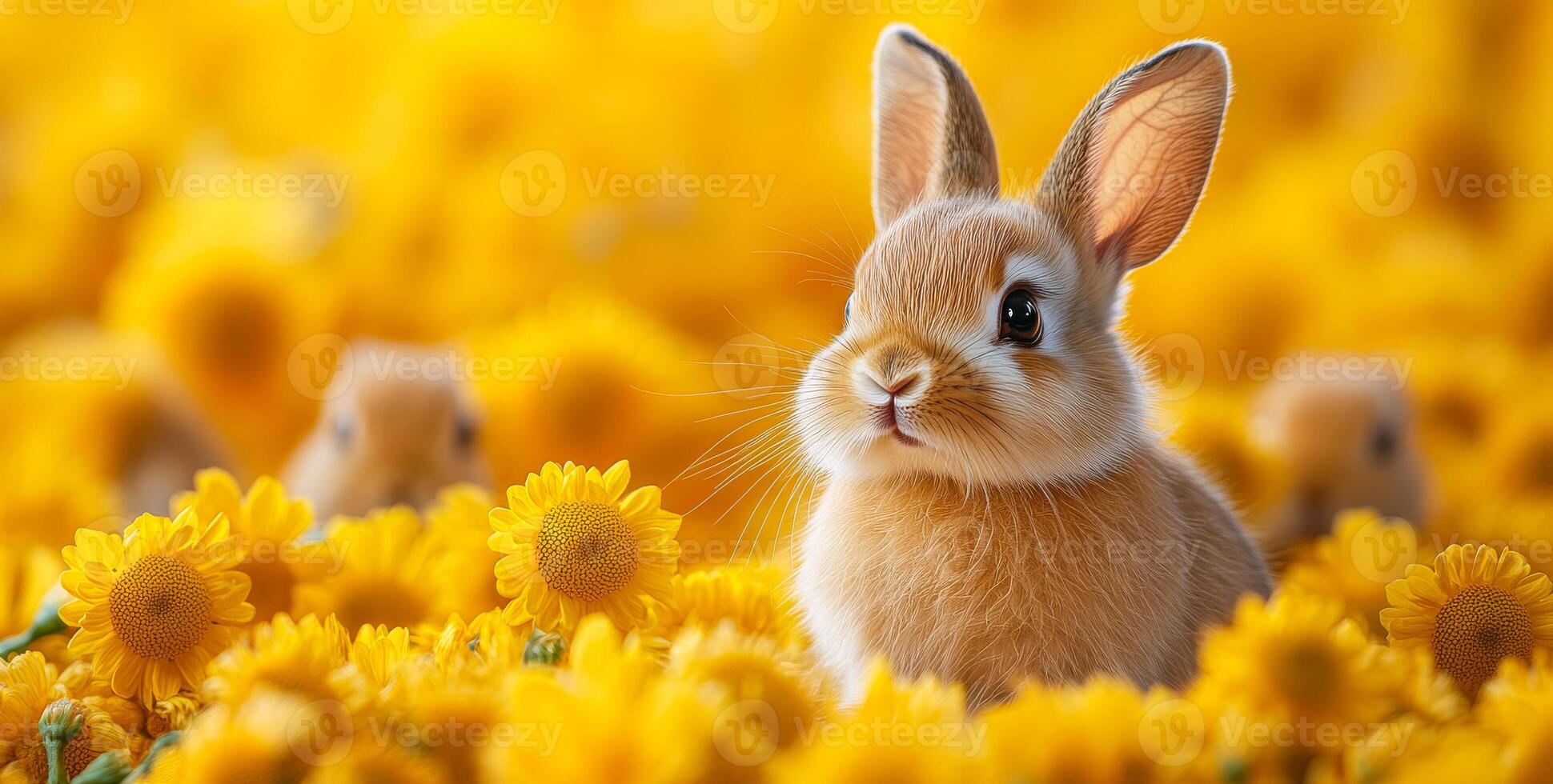 A rabbit is standing in a field of yellow flowers. The rabbit is the main focus of the image, and the flowers are in the background. The scene is peaceful and serene photo