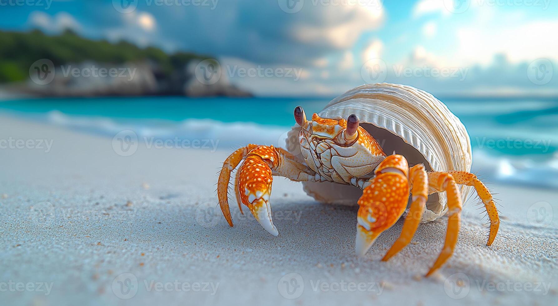 A crab is on the beach, looking out into the ocean. The scene is peaceful and serene, with the crab being the only living creature visible photo