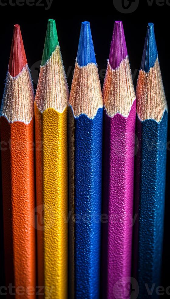 A close up of six colored pencils, each with a different color. The pencils are lined up next to each other, with the blue one in the middle. Concept of creativity and artistic expression photo