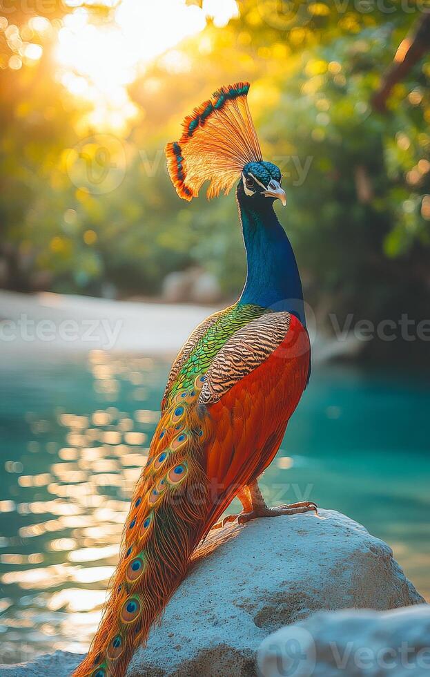 A beautiful peacock stands on a rock by a body of water. The bird's feathers are vibrant and colorful, and it has a large, colorful head. The scene is serene and peaceful photo