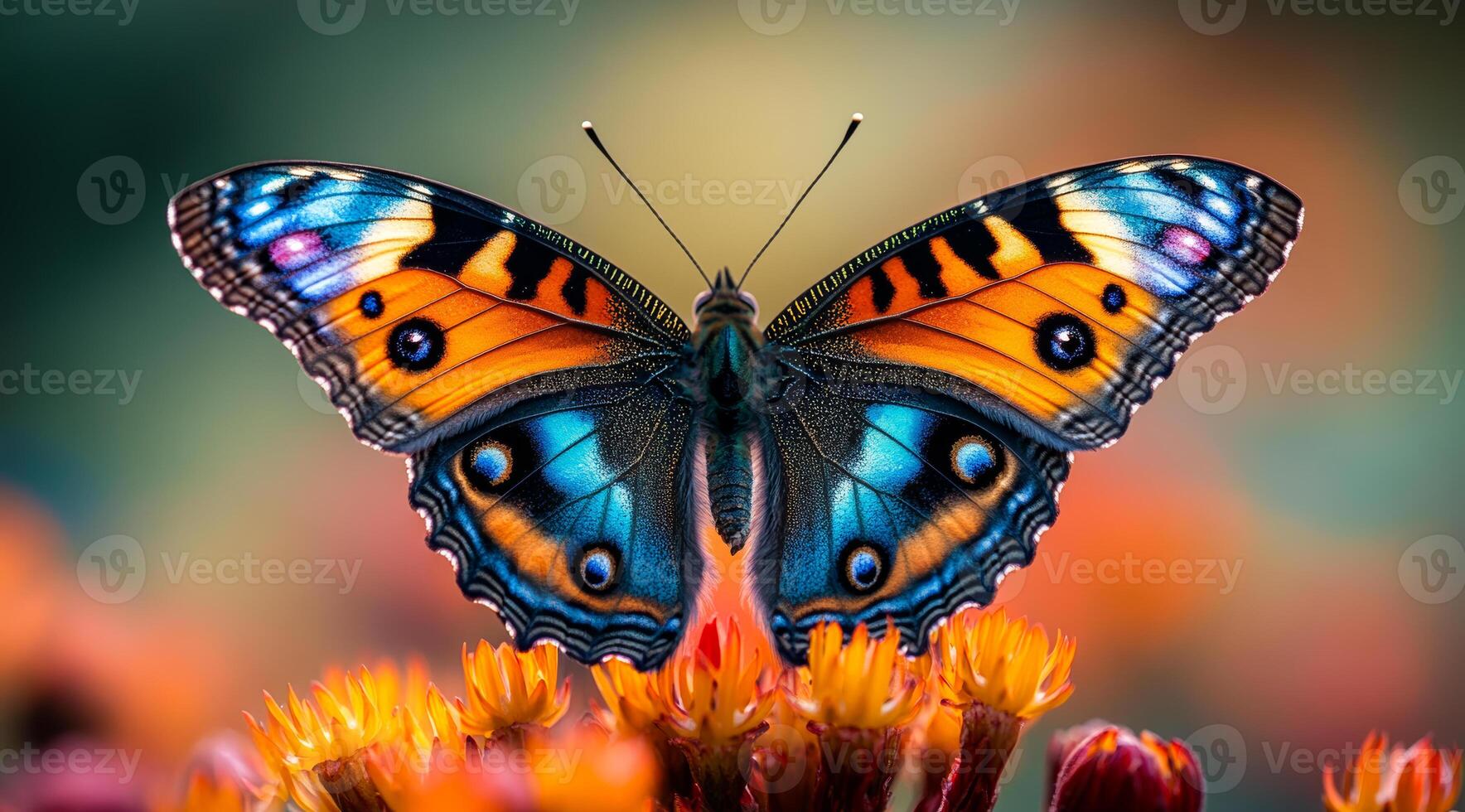 A colorful butterfly is perched on a flower. The butterfly is orange and blue, with black spots. The flower is yellow and has a few petals. Concept of beauty and tranquility photo