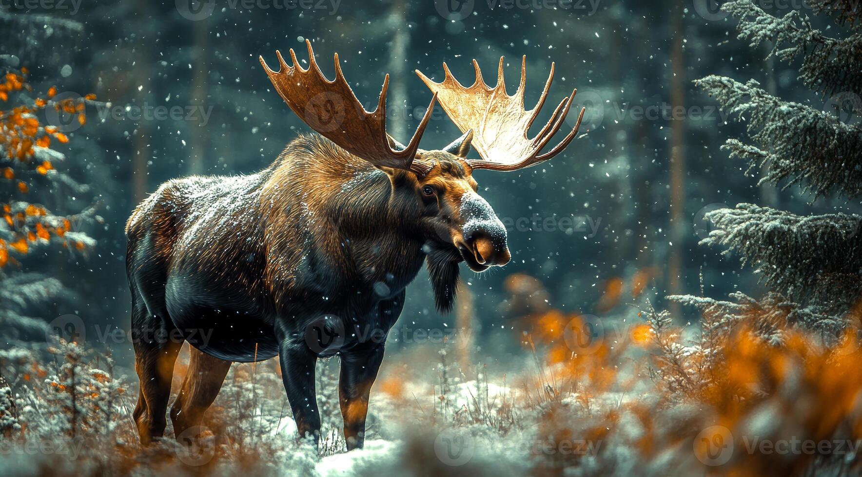 A large moose is standing in the snow with its head down. The image has a serene and peaceful mood, as the moose appears to be enjoying the winter landscape photo