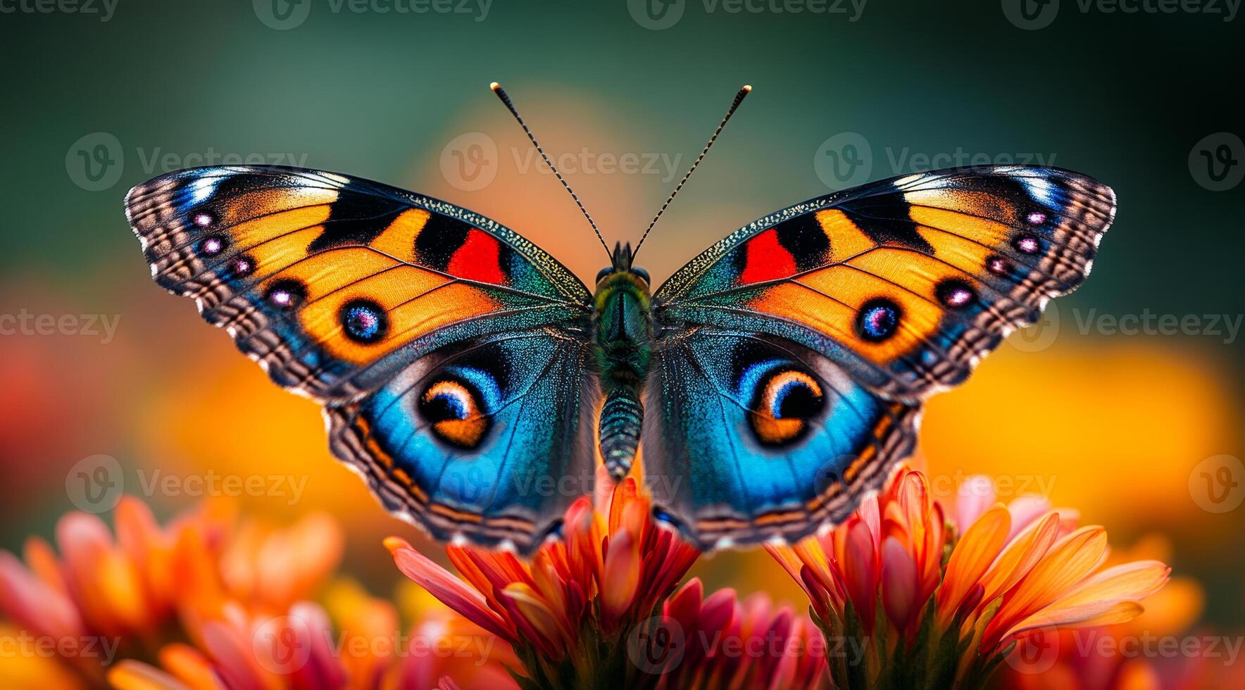 A butterfly with blue wings is sitting on a flower. The butterfly is surrounded by orange flowers, which give the image a warm and vibrant feeling photo