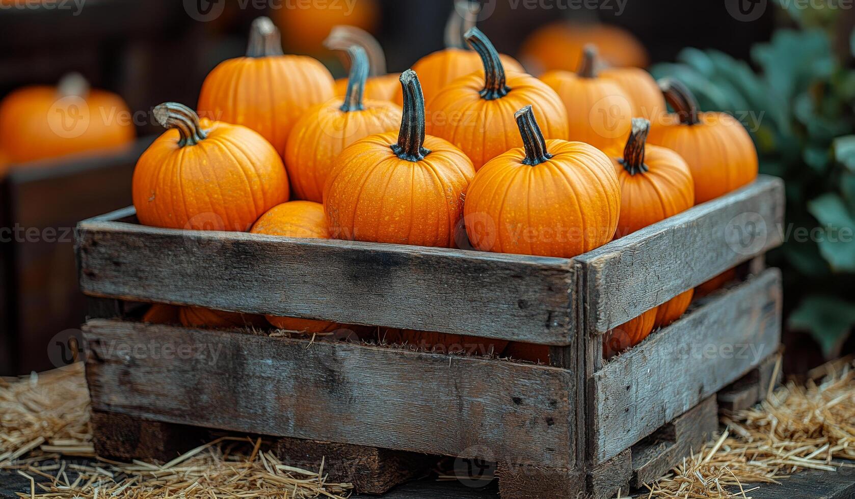 A wooden crate full of pumpkins. The crate is on a straw mat. The pumpkins are orange and have green stems photo