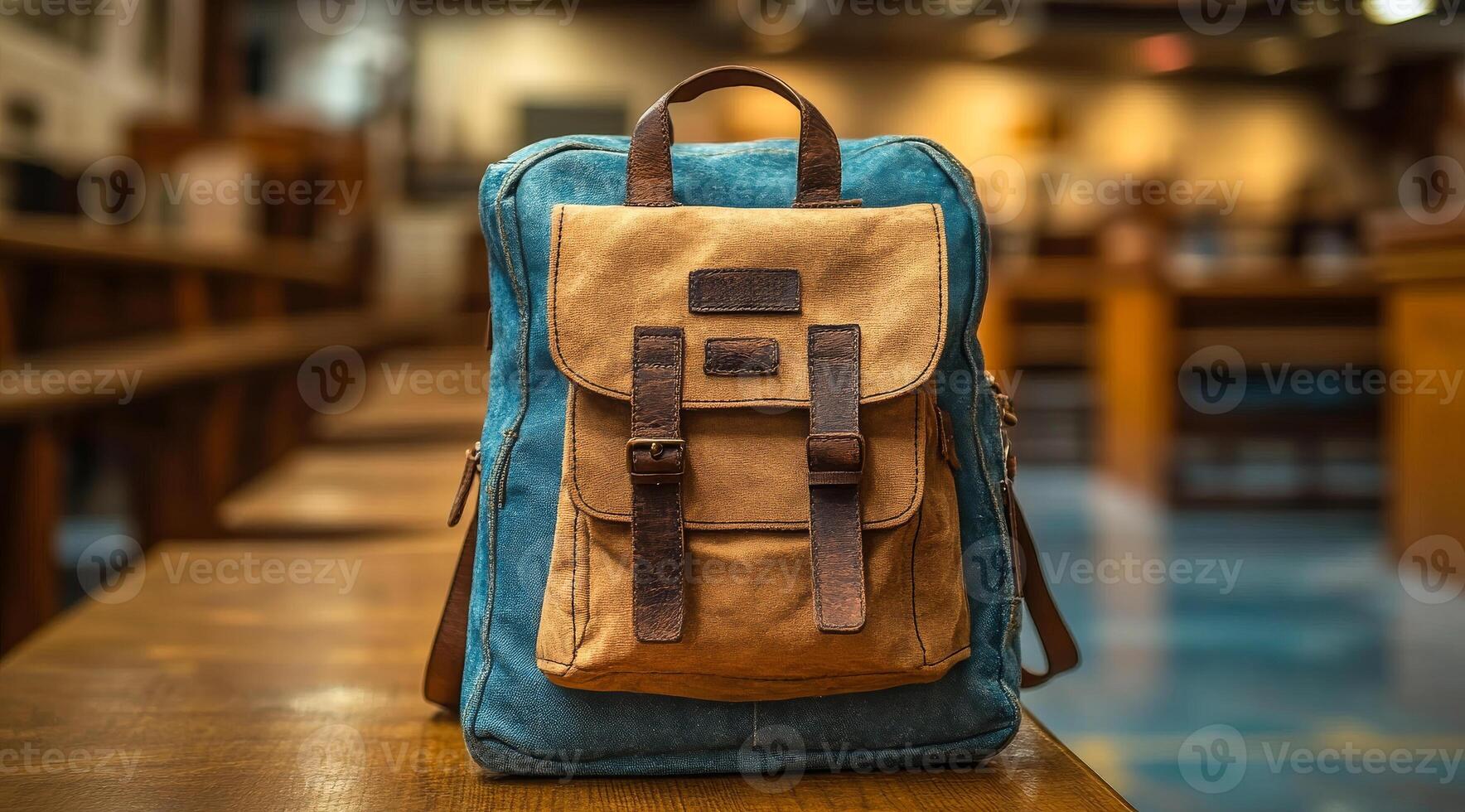 A blue and brown backpack sits on a wooden table. The backpack is made of leather and has a brown strap photo