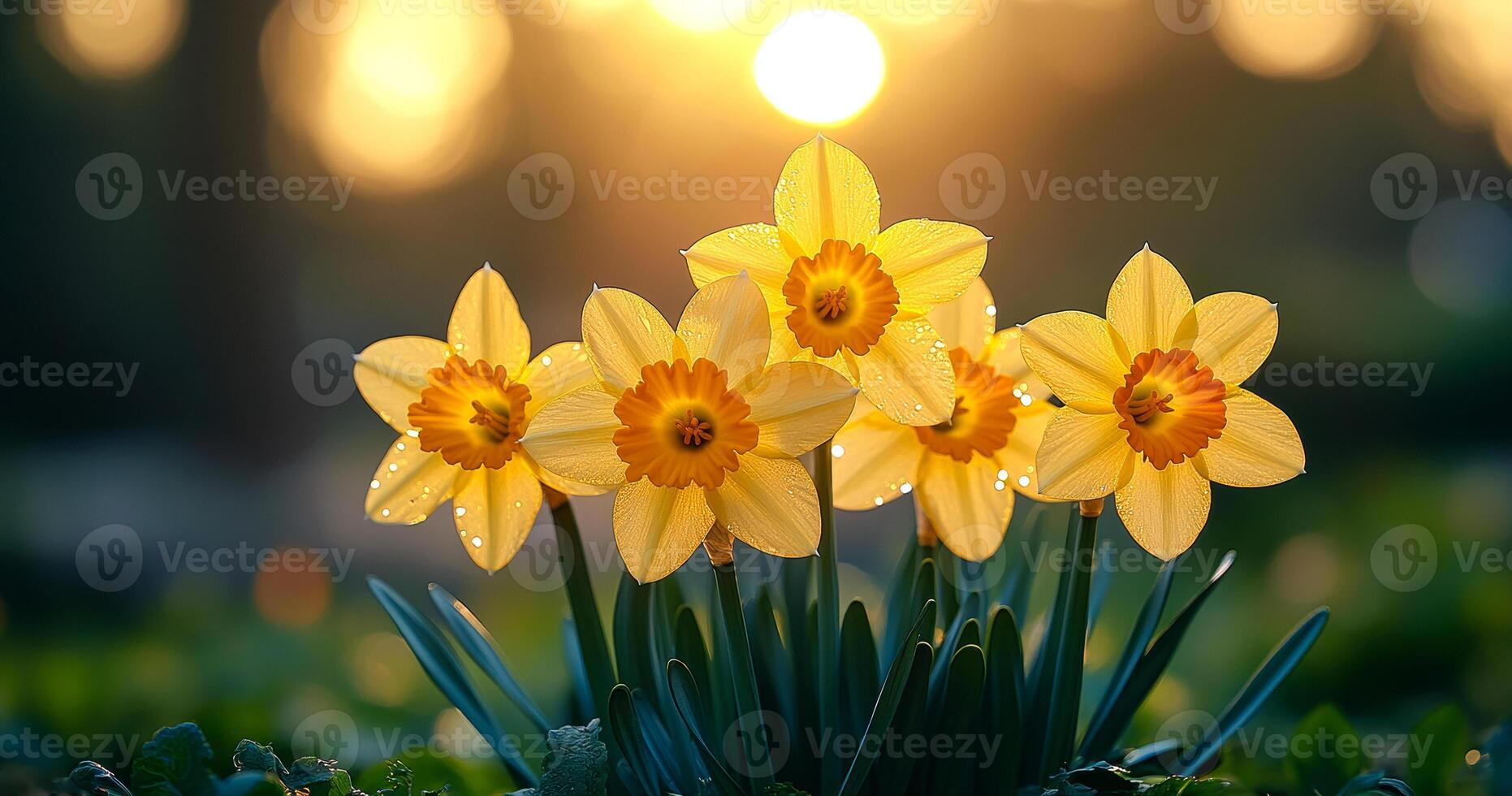 A bunch of yellow flowers with dew on them. The flowers are in a field and the sun is shining on them photo