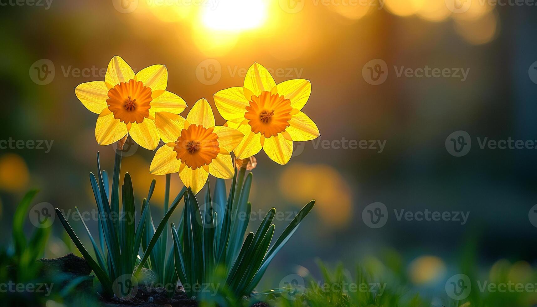Three yellow flowers narcissus are in a field with a bright sun in the background. The flowers are in full bloom and are surrounded by green grass. The scene is peaceful and serene photo