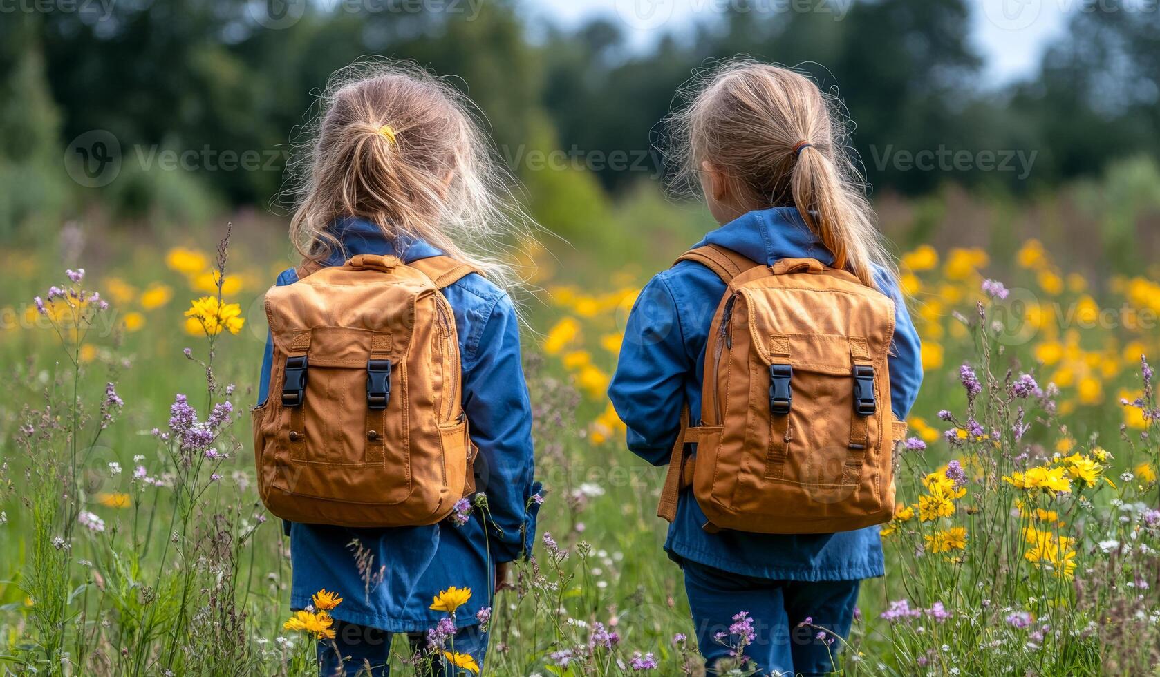 Two young girls are standing in a field of flowers, each wearing a backpack. The scene is peaceful and serene, with the girls enjoying the beauty of nature photo