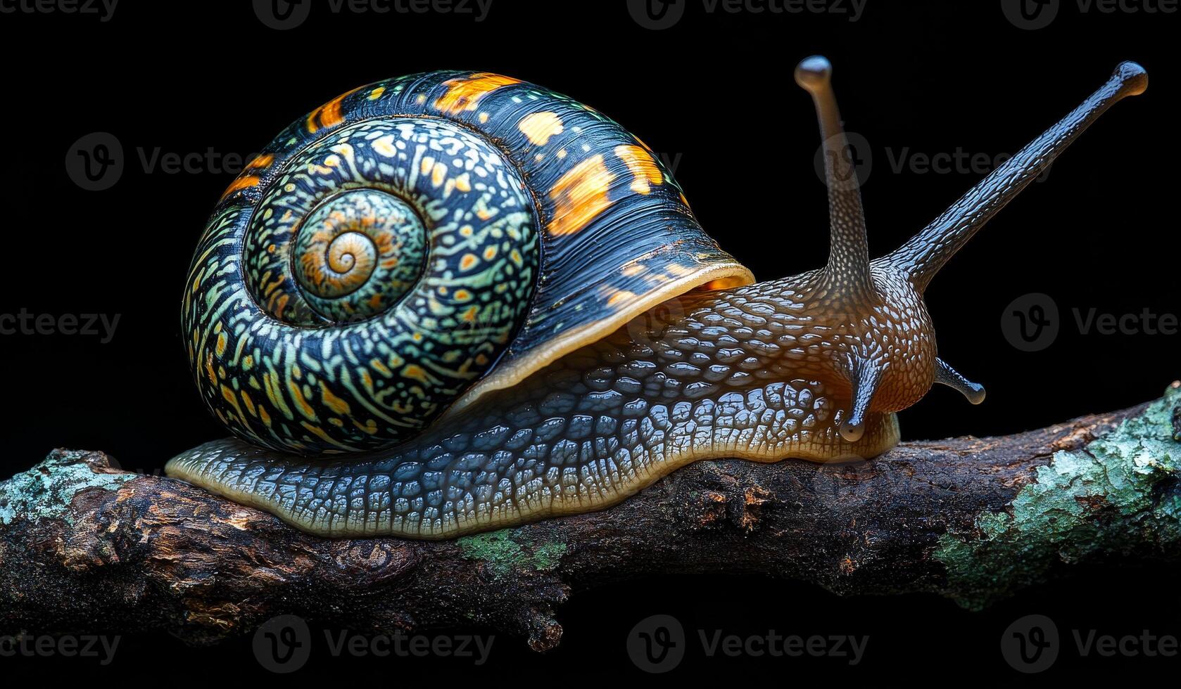 A large, colorful snail is on a branch. The snail is brown and green with a spiral shell photo