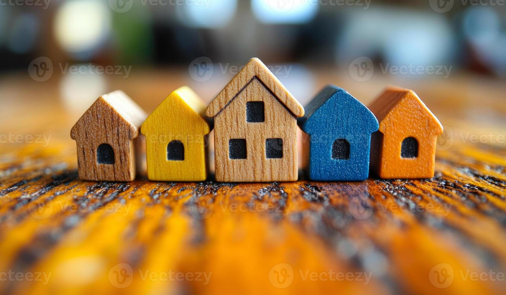 A row of wooden houses are lined up on a table. The houses are of different colors and sizes, and they are arranged in a row. Concept of order and organization, as the houses are neatly lined up photo