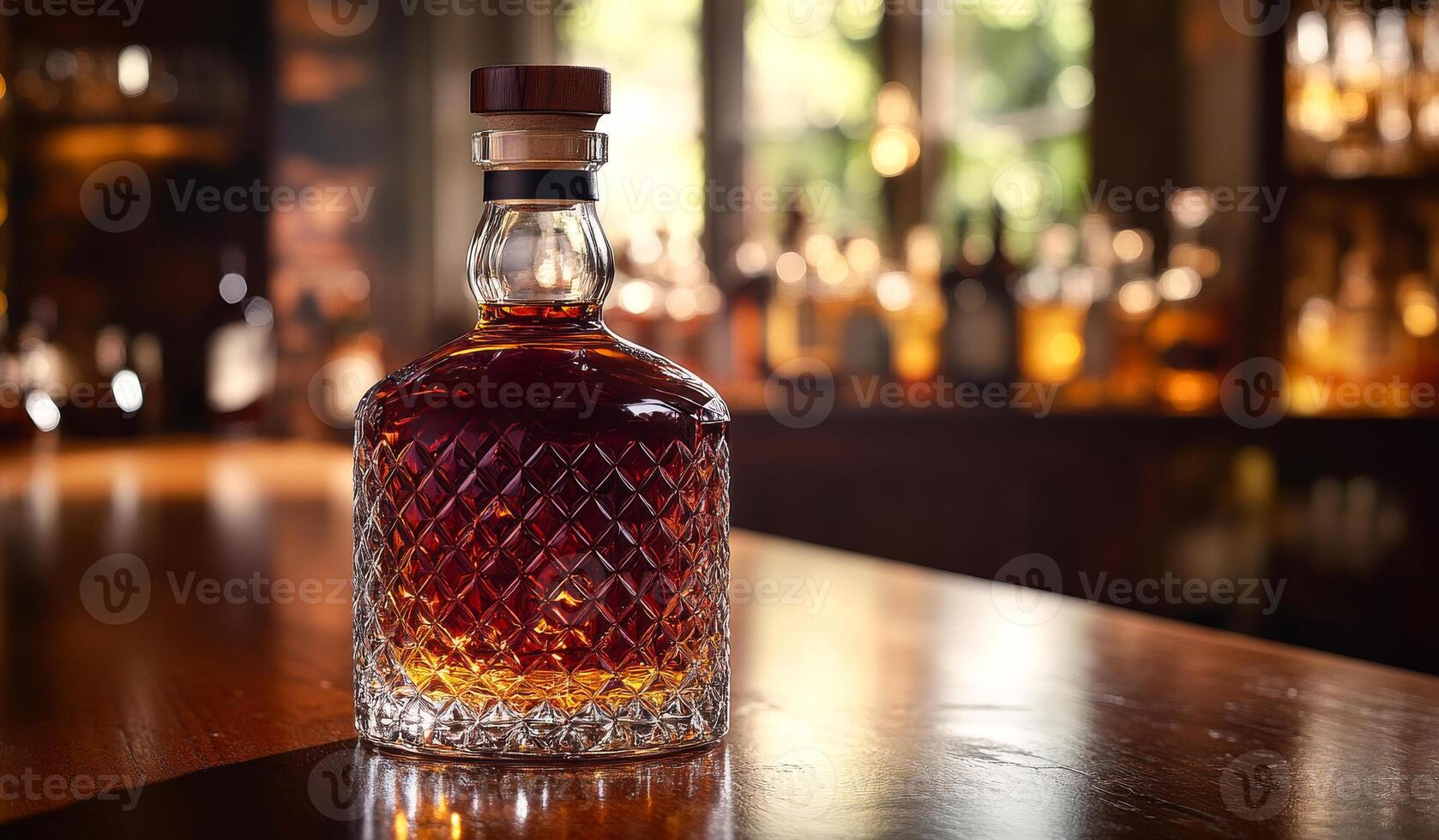 A bottle of liquor sits on a wooden table. The bottle is full and has a cork stopper. The table is surrounded by other bottles, some of which are also full. The scene gives off a relaxed photo