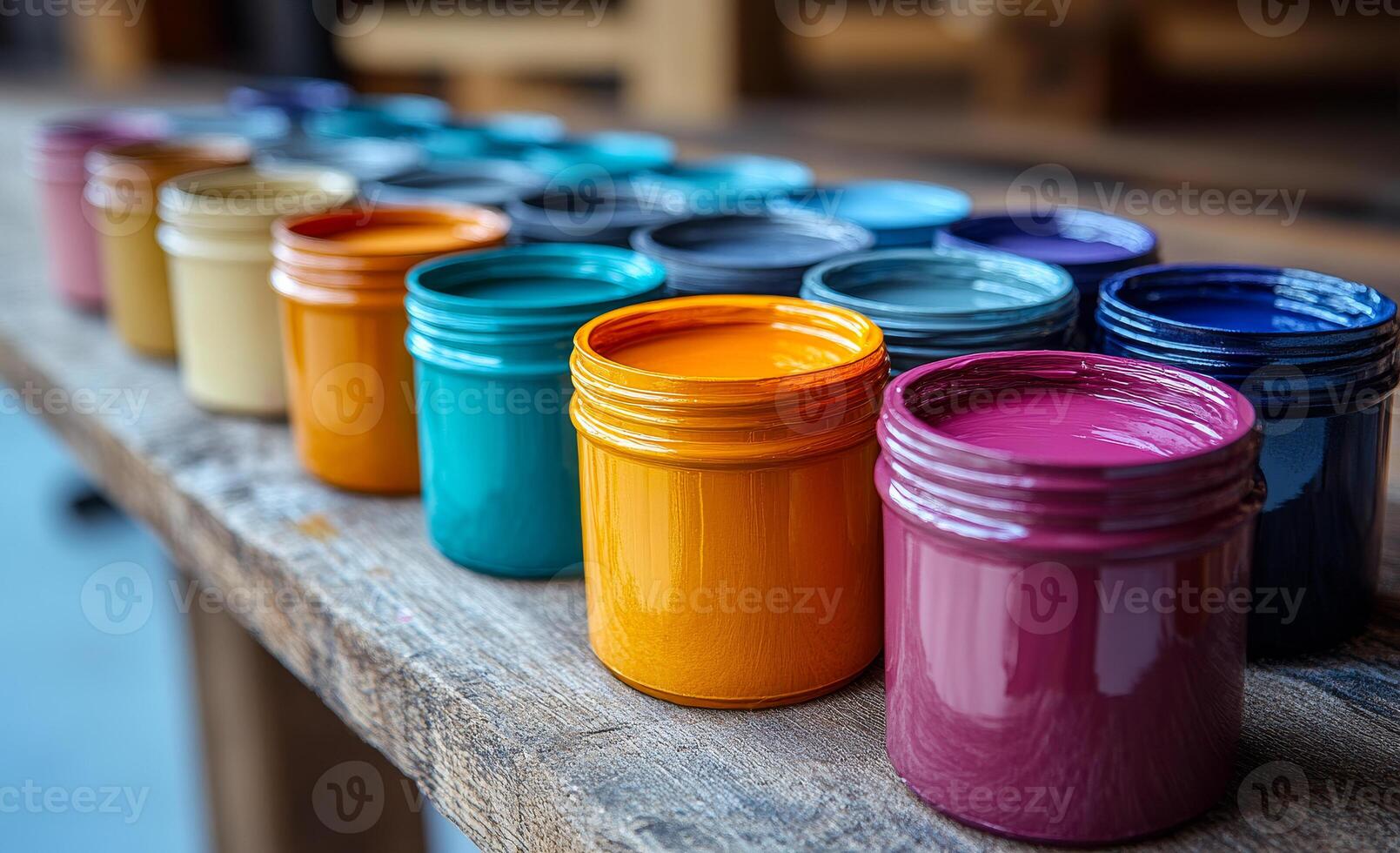 A row of paint jars with different colors on a wooden table. The jars are arranged in a rainbow pattern, with the colors ranging from yellow to purple. Concept of creativity and artistic expression photo