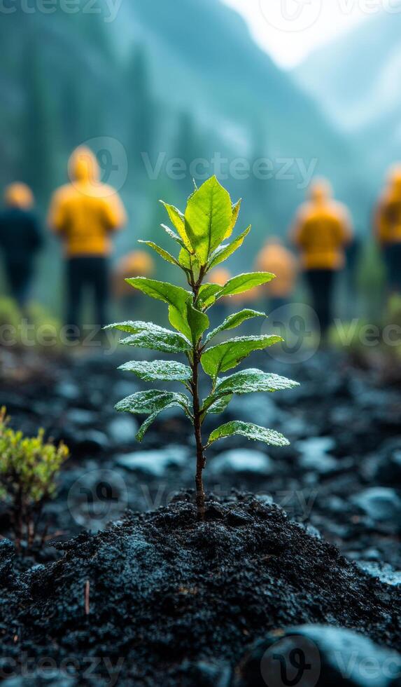 A small green plant is growing in a rocky area. The plant is surrounded by a few people, some of whom are wearing yellow jackets. Concept of hope and growth, as the plant is a symbol of life photo