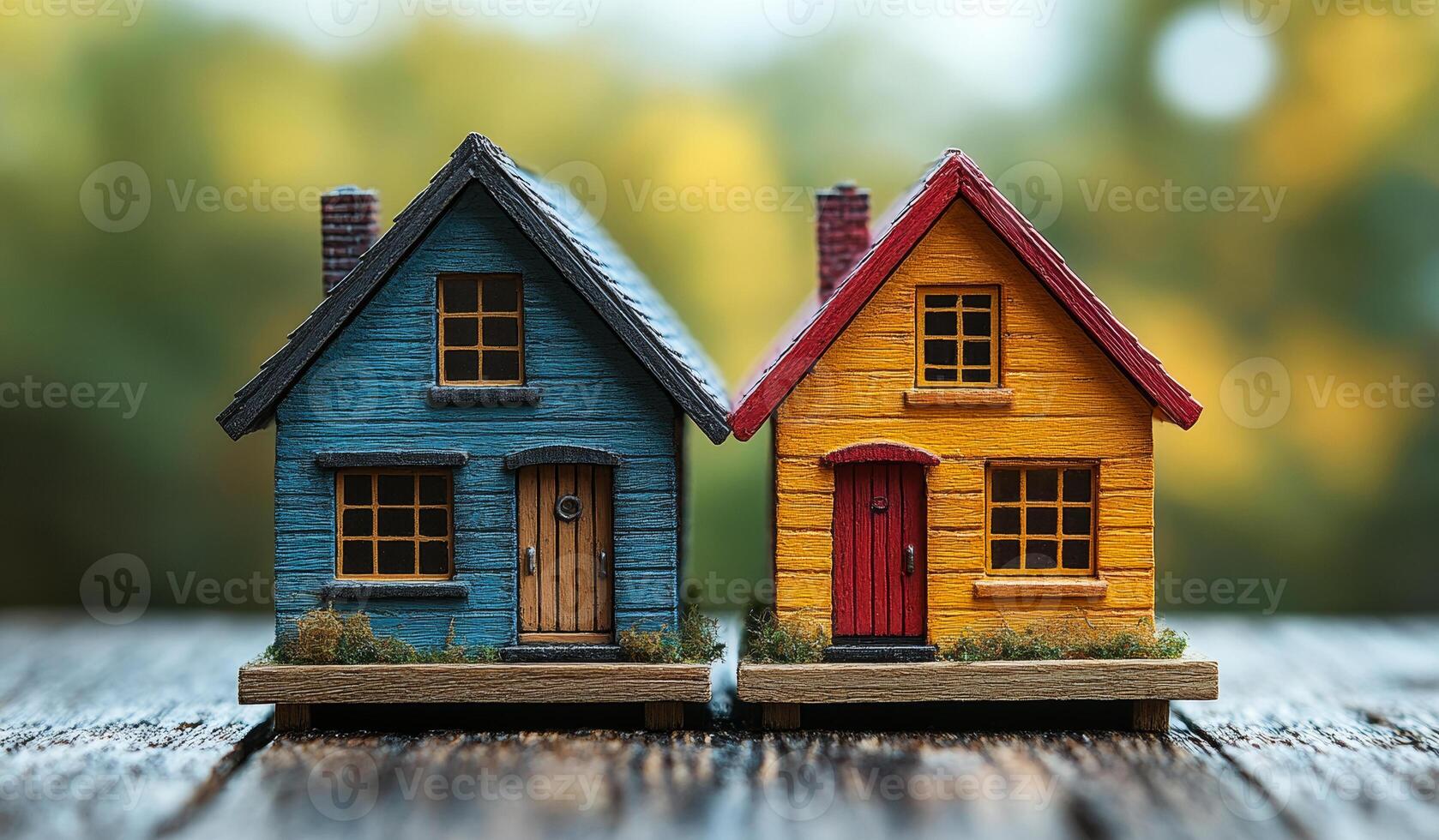 Two small houses are sitting on a wooden table. The houses are blue and yellow. The houses are not real, but they look like they are photo