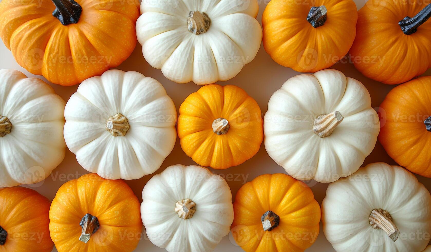 A row of orange and white pumpkins arranged in a pattern. Concept of warmth and coziness, as pumpkins are often associated with autumn and the holiday season photo