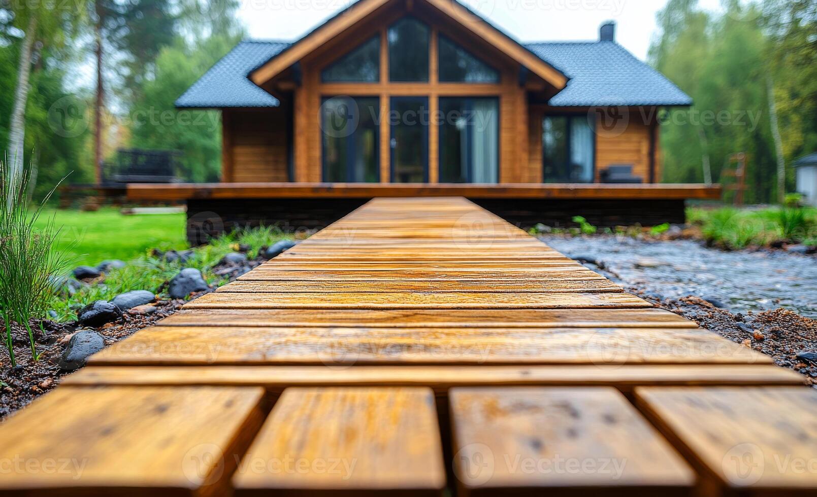 A wooden walkway leading to a house with a large window. The walkway is wet and the house is surrounded by trees photo