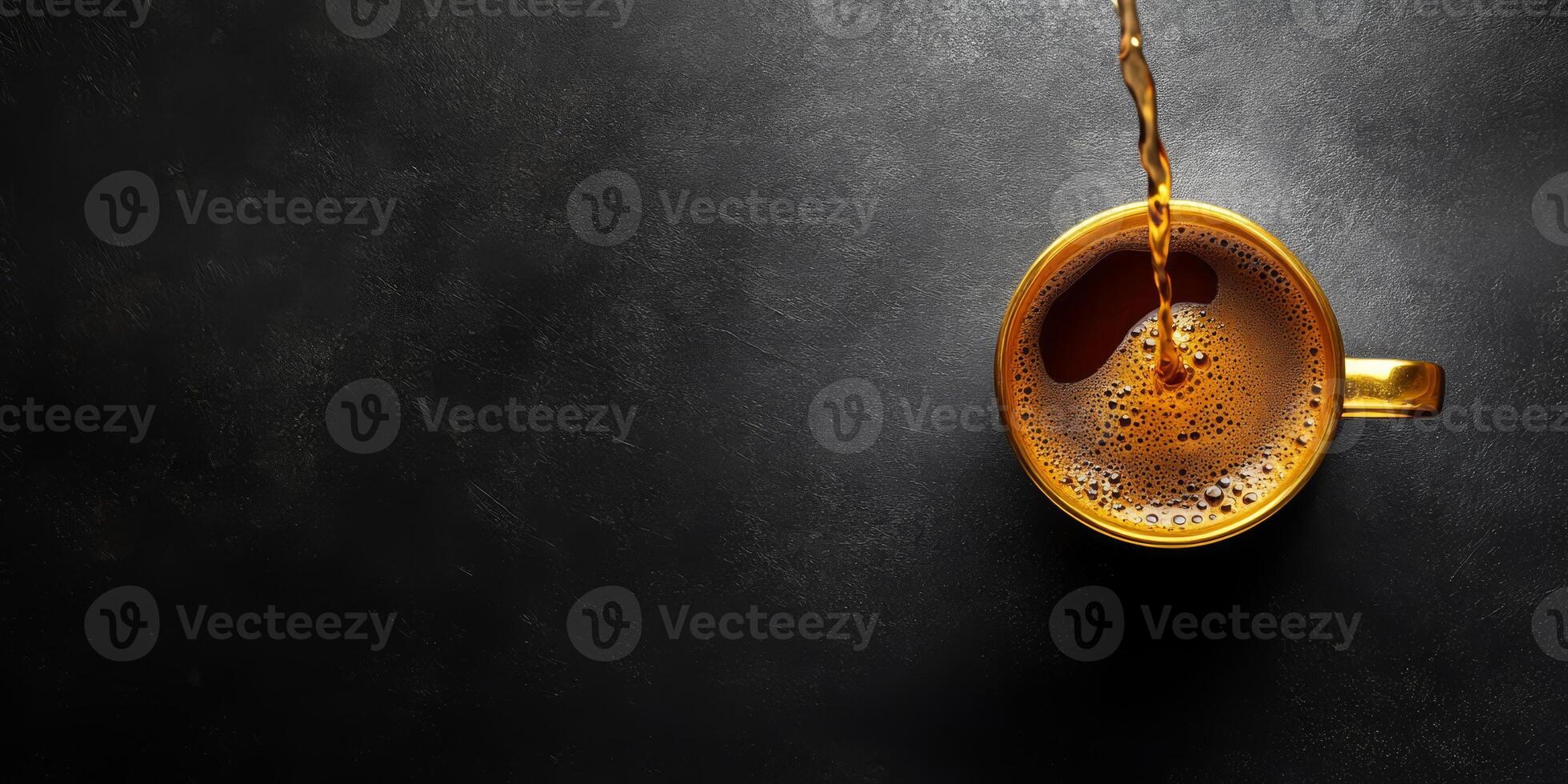 A top view of a golden coffee cup as coffee pours in, set against a sleek black background, perfect for a cozy coffee moment photo