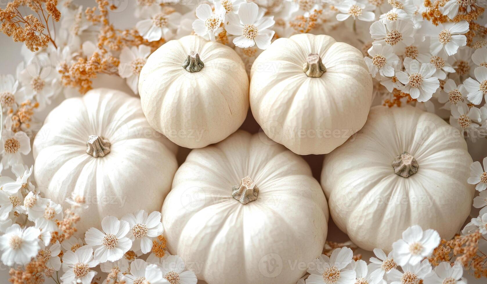 A group of white pumpkins are arranged in a flower bed. The pumpkins are surrounded by flowers, creating a festive and cheerful atmosphere. The combination of the pumpkins photo