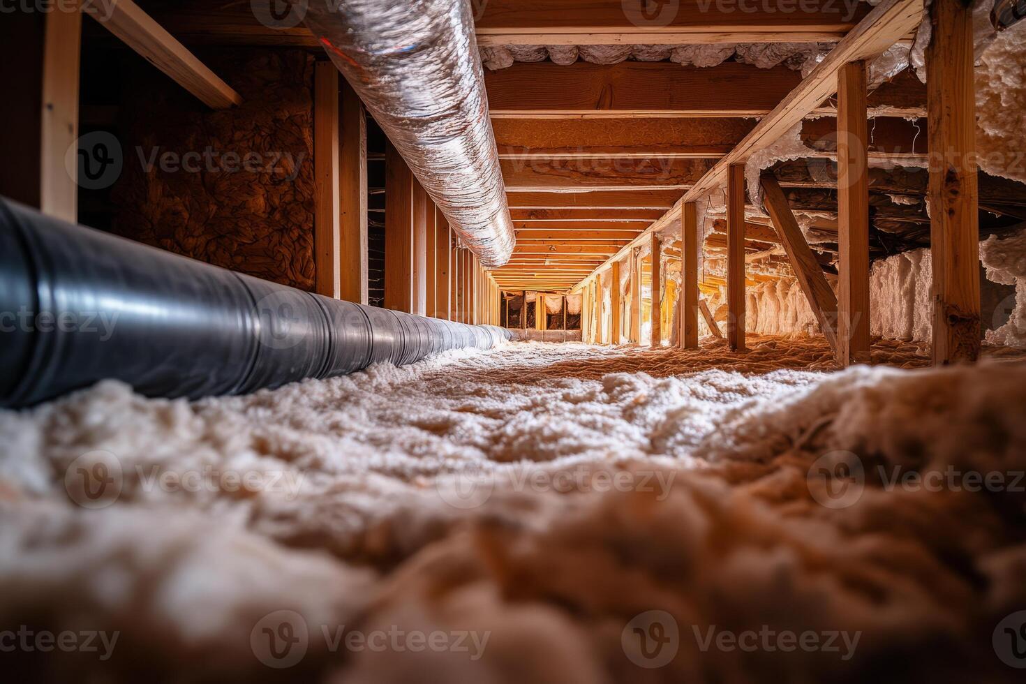 This closeup view of a crawl space highlights essential plumbing systems, insulation materials, and sturdy beams, showcasing the hidden infrastructure vital to home design and construction photo