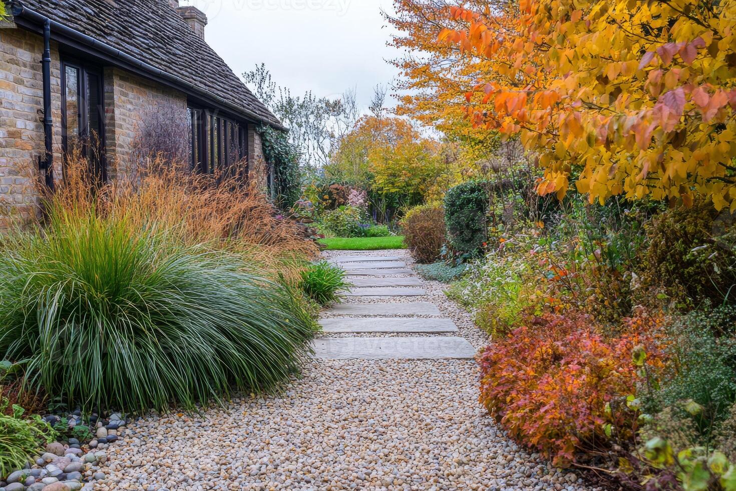 A picturesque garden located in the UK, showcasing beautiful naturalistic design elements that embody the spirit of autumn, featuring vibrant and colorful foliage alongside tranquil pathways photo