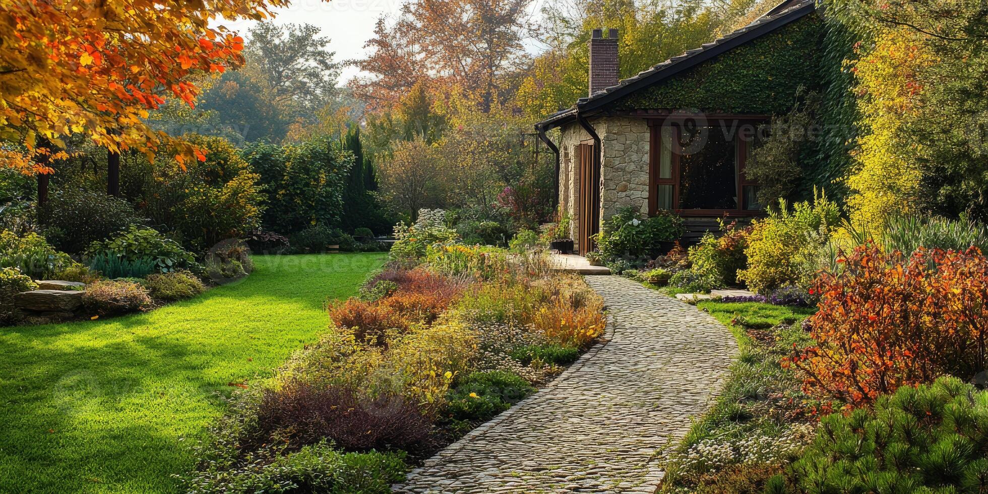 The charming UK garden features a naturalistic design with vibrant autumn leaves, a cozy retreat house, and stunning hard landscaping, creating an impressive scene for all to enjoy photo