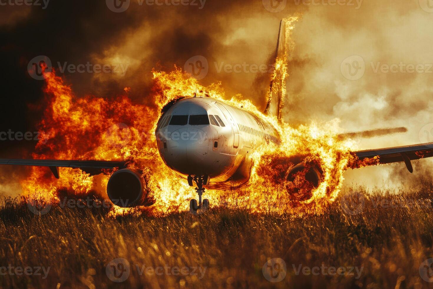 A catastrophic airplane crash shows flames and smoke engulfing the wreckage during an emergency landing, emphasizing the chaos and need for safety protocols and rescue efforts in aviation photo